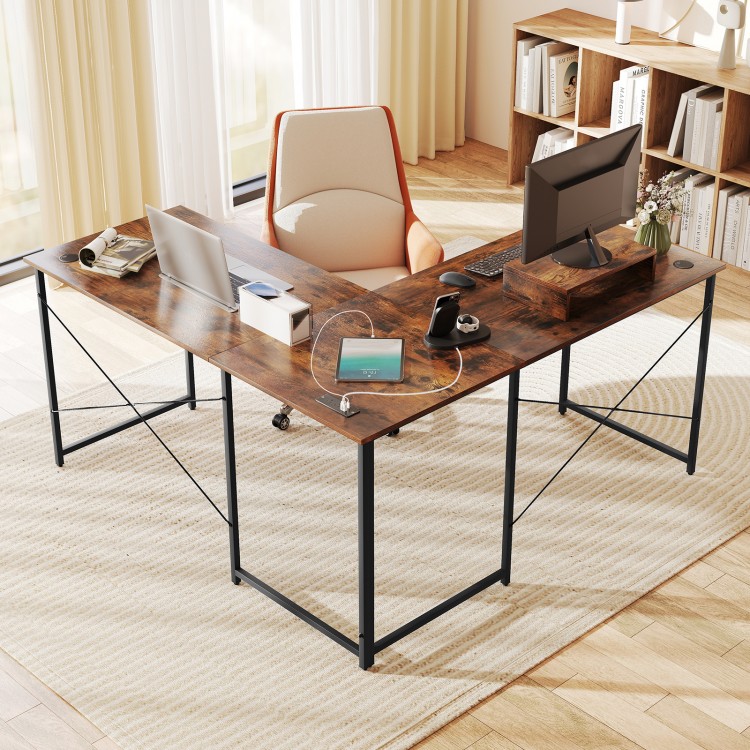 95 Inch 2-Person L-Shaped Long Reversible Computer Desk with Monitor Stand