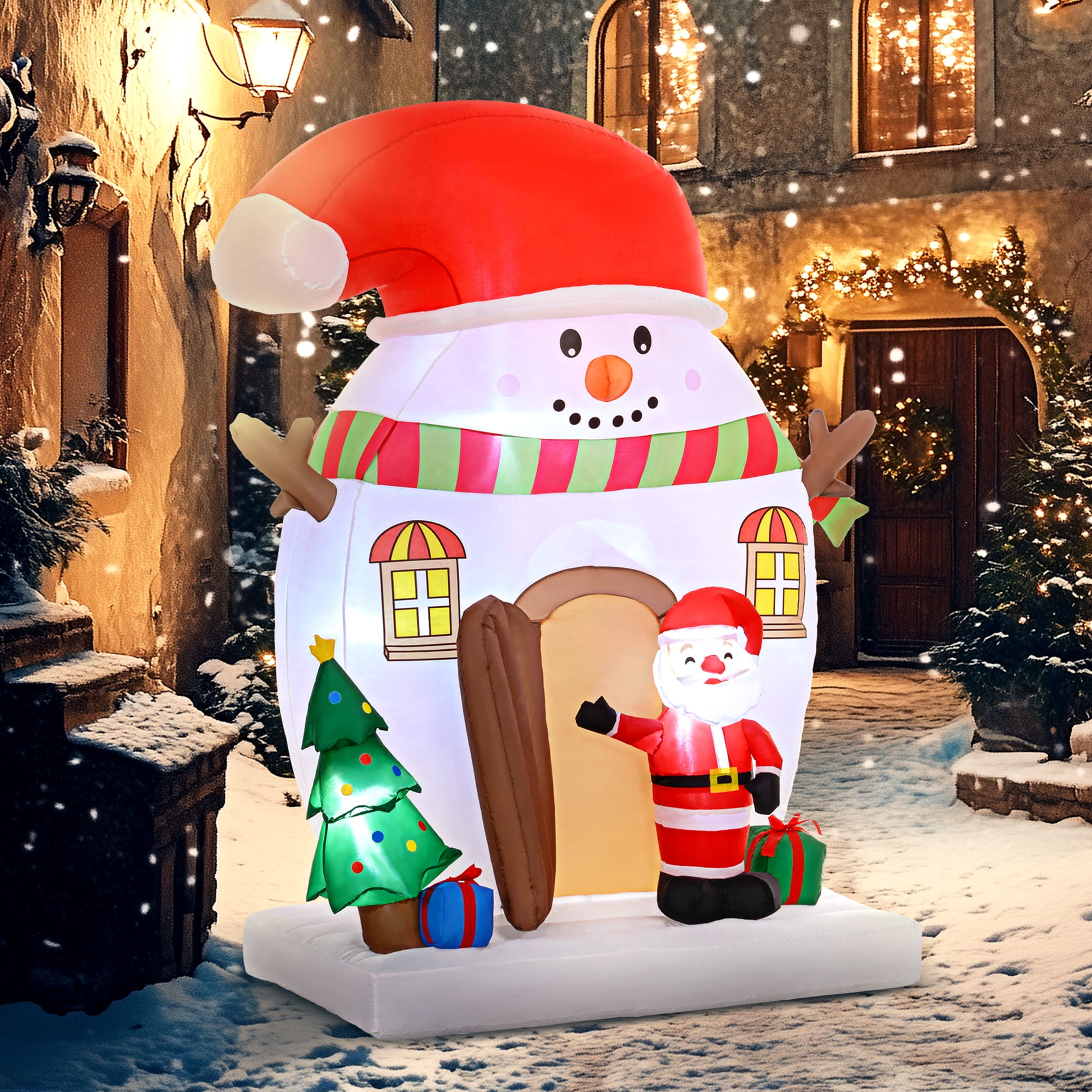 Outsunny 7.5FT Christmas Inflatable Snowman House with Santa, Tree & LED Lights for Outdoor Decor