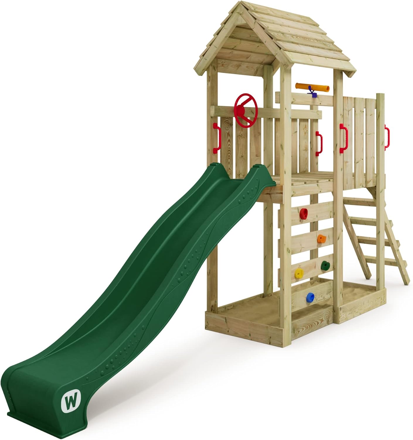 WICKEY Spiltårn klatrestativ JoyFlyer med trætag & rød rutsjebane, udendørs børn klatretårn med sandkasse, stige & spil tilbehør til haven