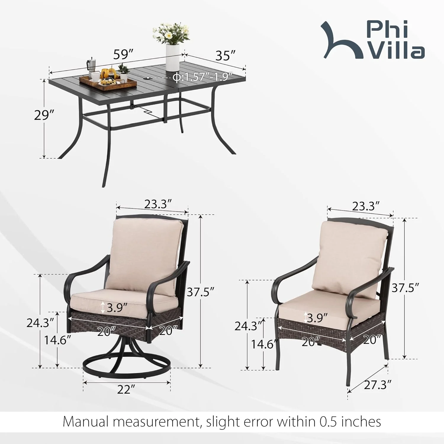 PHI VILLA 6-Piece Outdoor Dining Sets, All-Weather Patio Table and Chairs Set with Umbrella for 4, Heavy Duty Patio Round Table Set for Deck, 4 Extra Large Outdoor Swivel Chairs with Thick Cushions