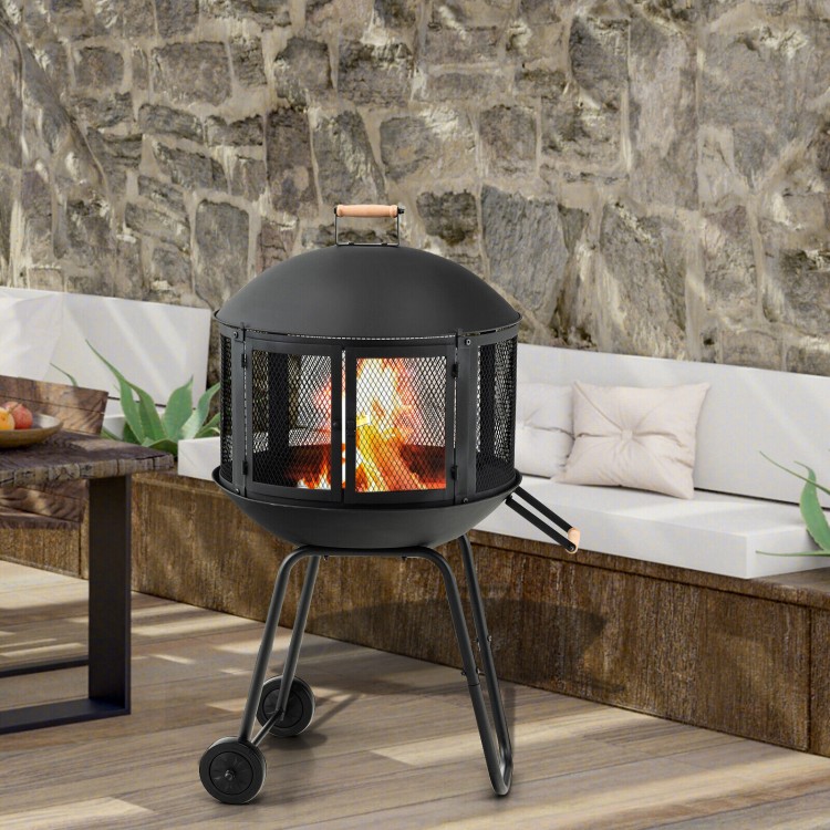 28 Inch Portable Fire Pit on Wheels with Log Grate