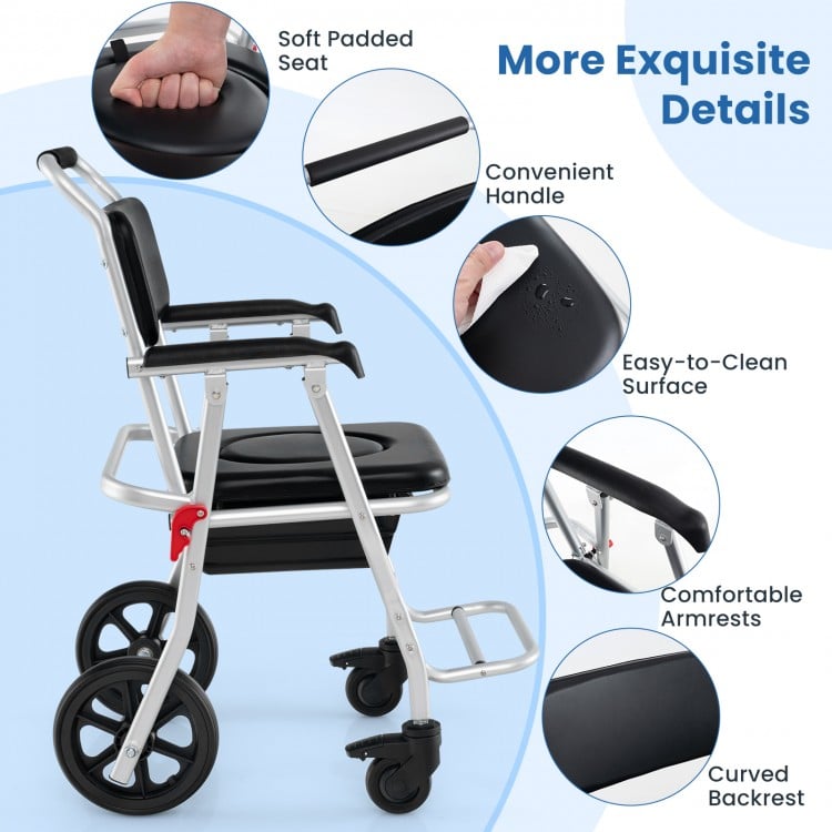 4-in-1 Foldable Bedside Commode Chair with Brakes and Bucket and Footrest