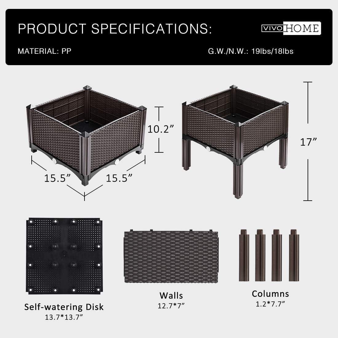 Premium Raised Garden Bed Planter Kit by Elevated – Set of 4, Self-Watering, Reinforced PP, Rattan Pattern, 19.5′′x19.5′′, Brown