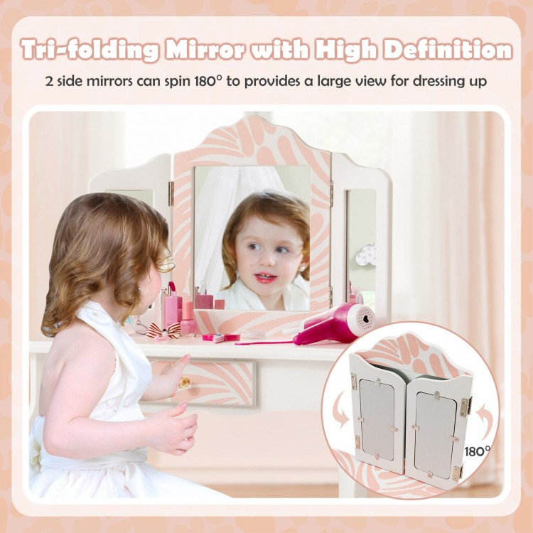 2-in-1 Kids Vanity Table Set with Tri-Folding Mirror