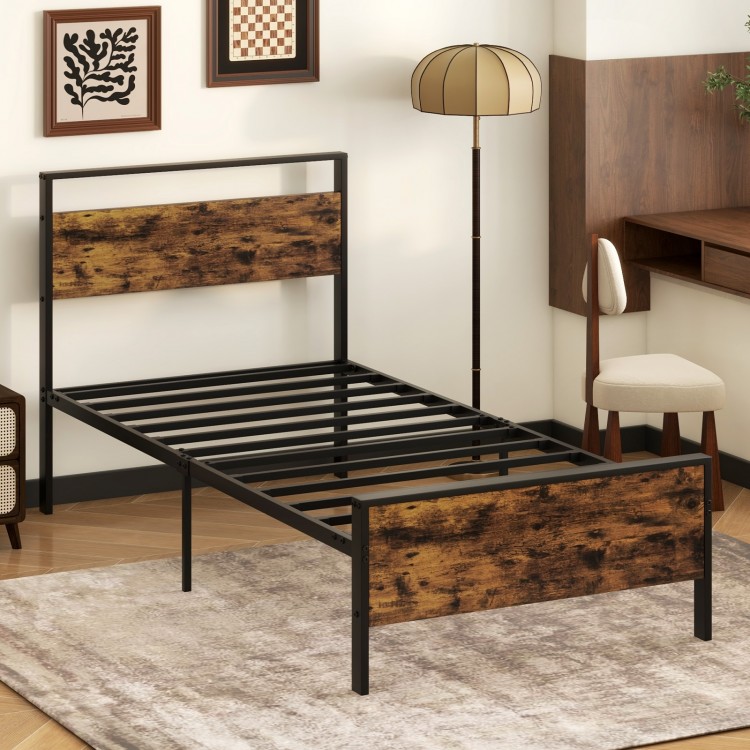 Twin/Full/Queen/King Metal Bed Frame Industrial Platform Bed with Wooden Headboard