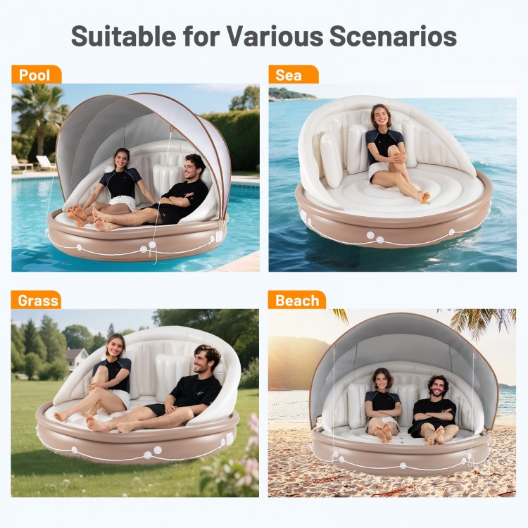 Inflatable Canopy Island Tanning Pool Lounger Float with Retractable Canopy