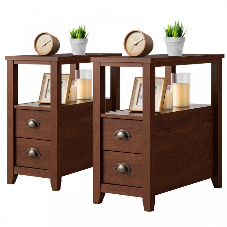2 Pieces Wooden Bed-side Nightstand Set with 2 Drawers