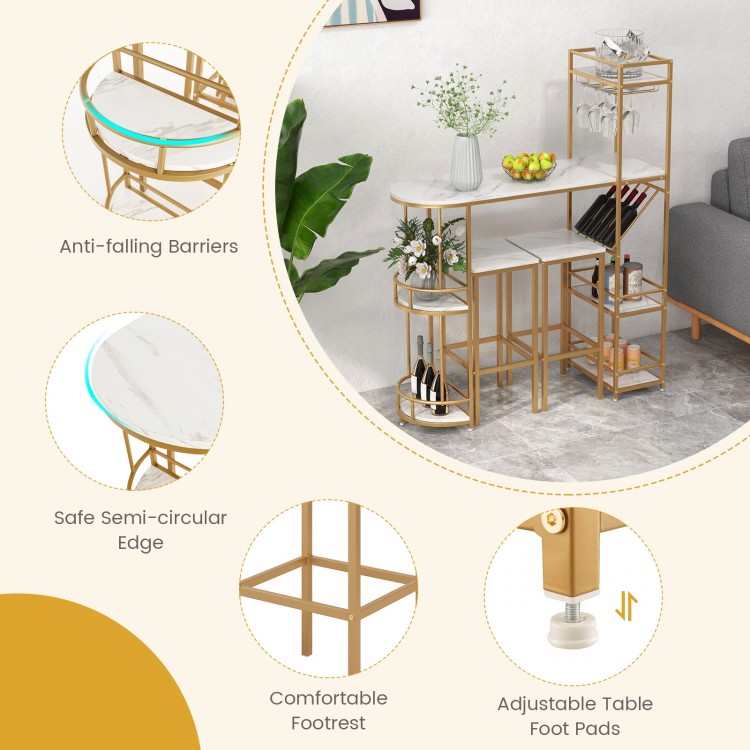 3 Pieces Bar Table Set with Storage Shelves and Wine Rack