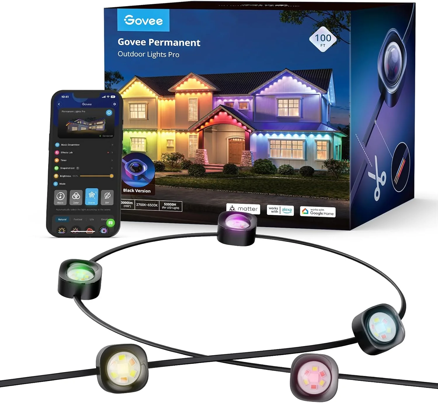 Govee Permanent Outdoor Lights Pro, 100ft with 60 RGBIC LED Lights for Daily and Accent Lighting, 75 Scene Modes for Halloween, IP67 Waterproof, Works with Alexa, Google Assistant, Matter, White