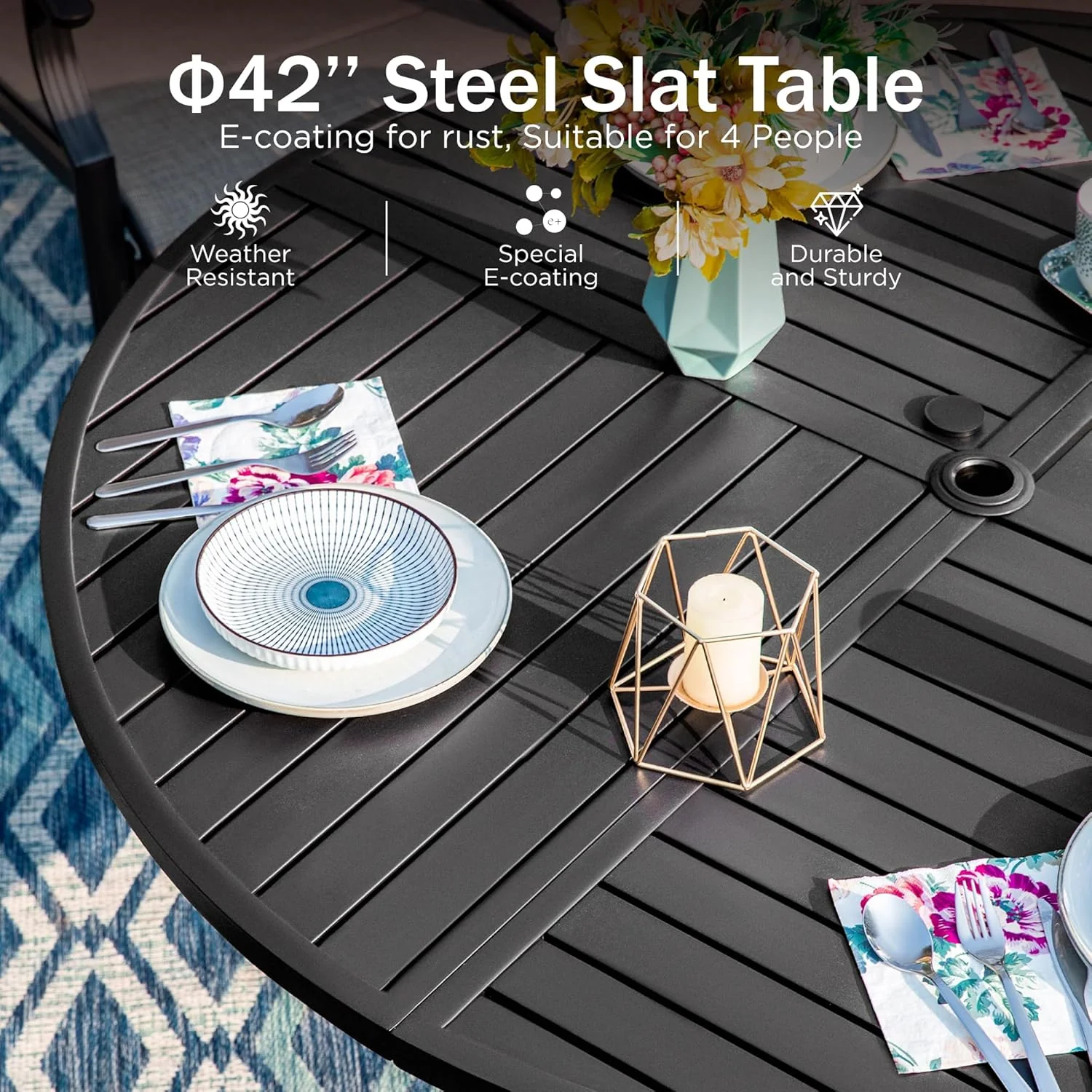 PHI VILLA 6-Piece Outdoor Dining Sets, All-Weather Patio Table and Chairs Set with Umbrella for 4, Heavy Duty Patio Round Table Set for Deck, 4 Extra Large Outdoor Swivel Chairs with Thick Cushions