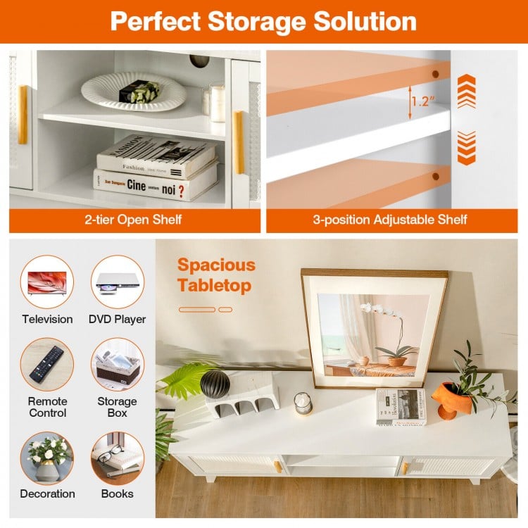 TV Stand Entertainment Media Console with 2 Rattan Cabinets and Open Shelves