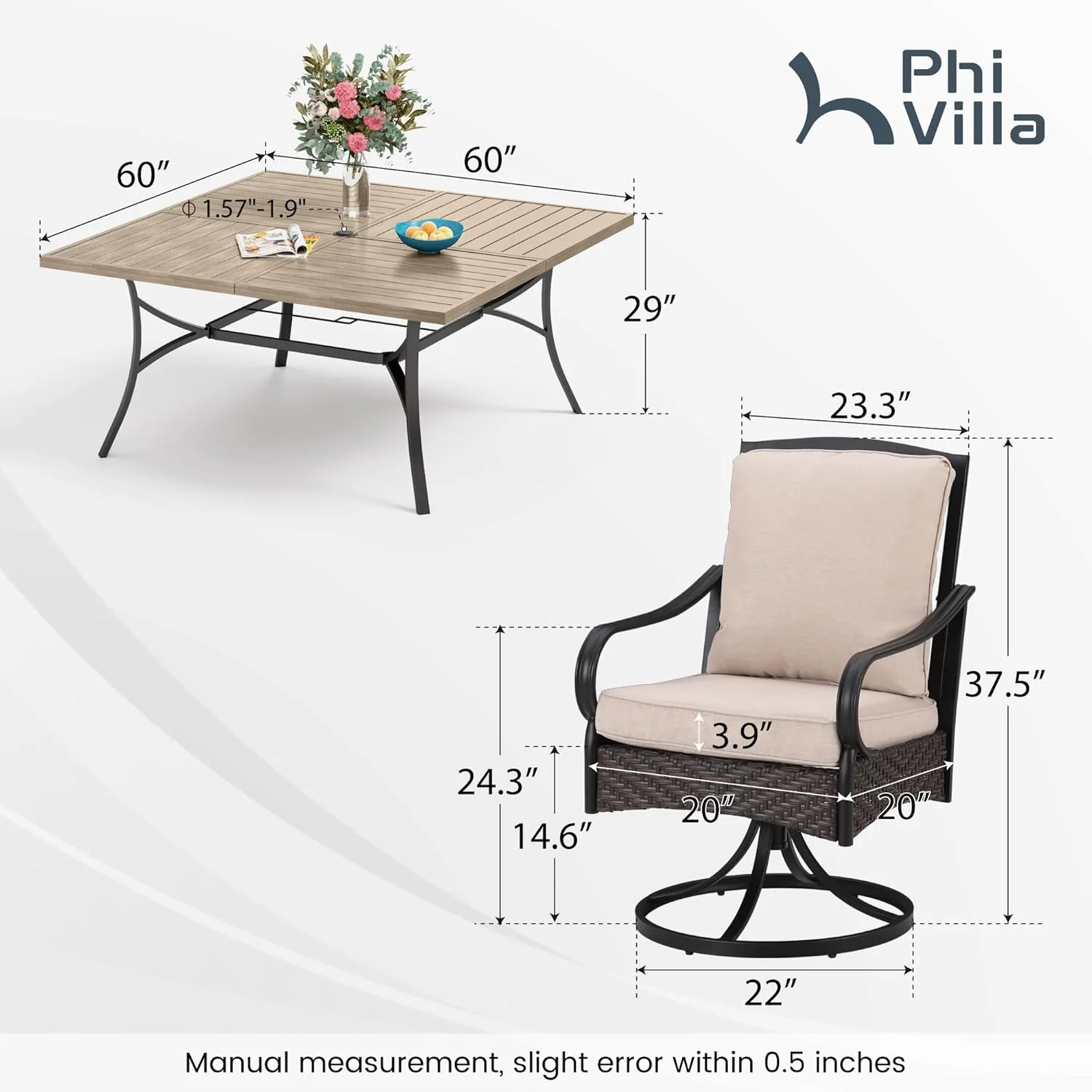 PHI VILLA 6-Piece Outdoor Dining Sets, All-Weather Patio Table and Chairs Set with Umbrella for 4, Heavy Duty Patio Round Table Set for Deck, 4 Extra Large Outdoor Swivel Chairs with Thick Cushions