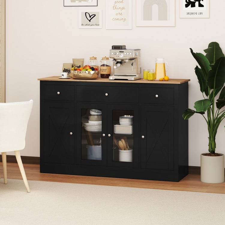 55 inch Large Buffet Sideboard Kitchen Storage Cabinet with 3 Drawers 2 See-through Doors Adjustable Shelves Wine Bar Table