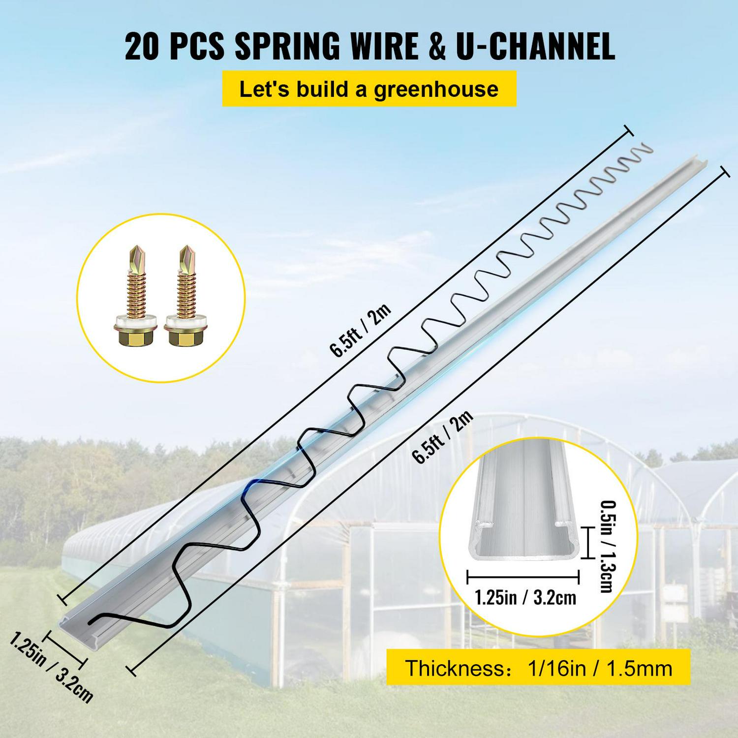 VEVOR Greenhouse Wiggle Wire & Lock Channel Set, 6.56ft Aluminum & PE Coated, 20 Pack for Plastic Film & Shade Cloth