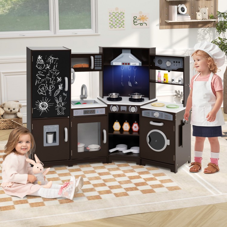 Corner Wooden Play Kitchen with Lights and Sounds Large Pretend Play Kitchen Set