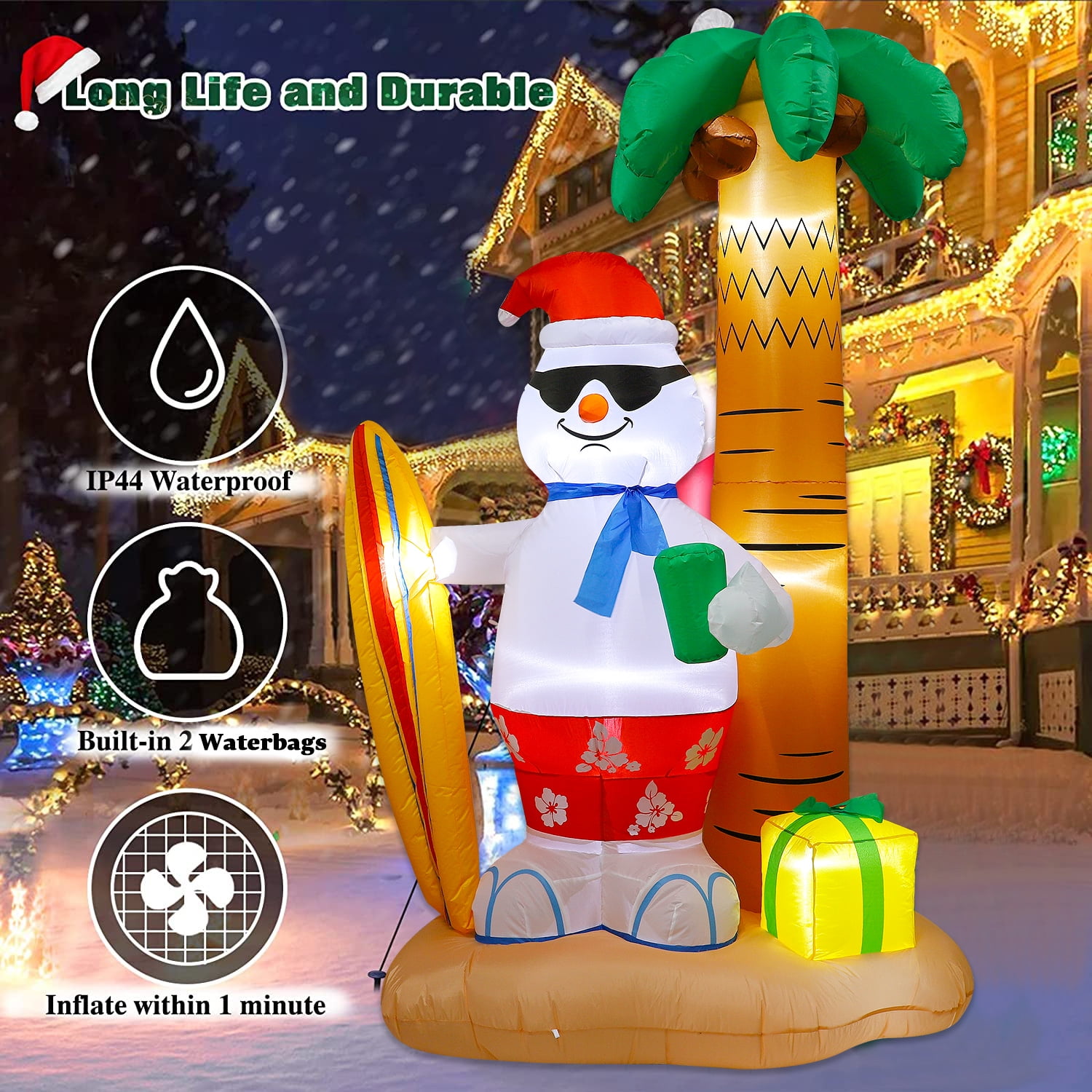 Inflatable 8ft Christmas Santa Claus with LED Lights, Waterproof Polyester, Easy Setup for Yard & Garden