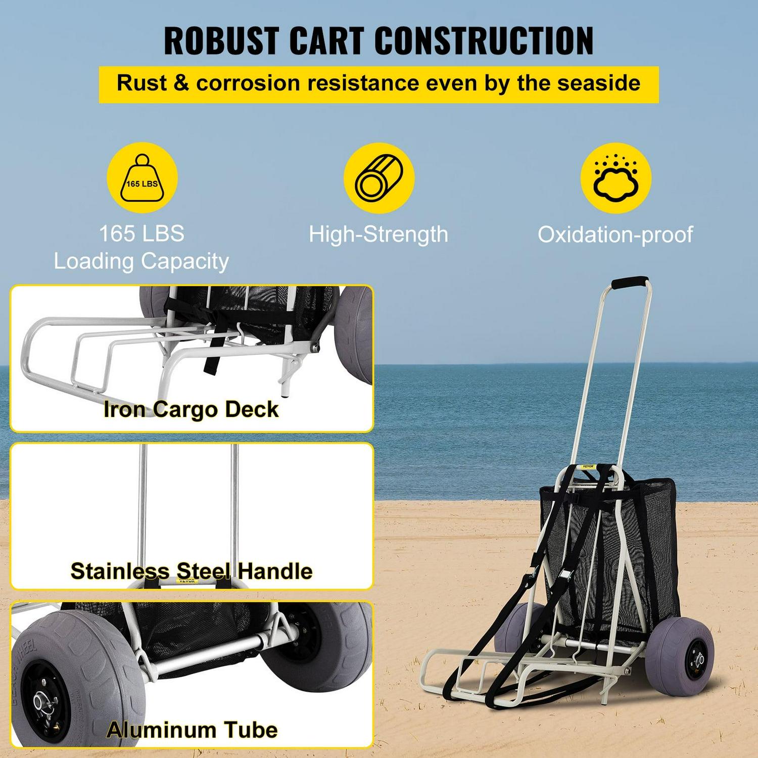 VEVOR Beach Cart for Sand, 165 lbs Capacity, 10′′ PVC Wheels, Adjustable Height, Heavy Duty Folding Cart