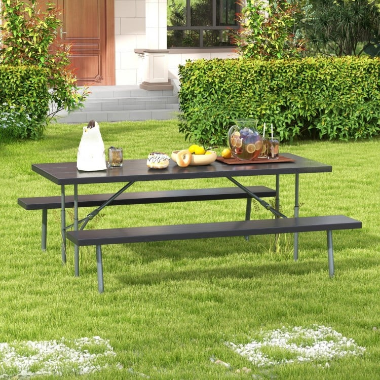 Folding Picnic Table Set with Metal Frame and All-Weather HDPE Tabletop, Umbrella Hole