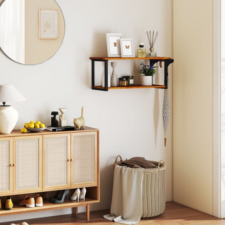 Teak Wood Wall Mounted Floating Shelves with Towel Bar