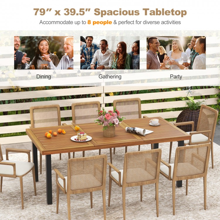79 Inch Acacia Wood Dining Table 8-Person Patio Table with 1.9 Inch Umbrella Hole and Adjustable Foot Pads