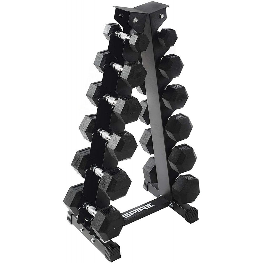 Inspire Fitness Rubber Dumbbell Set 210 lb. with Vertical Rack – 6 Pairs (5-30 lb.)