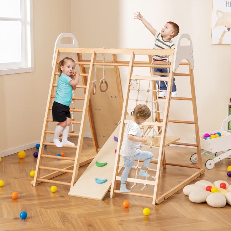 8-in-1 Wooden Jungle Gym Playset with Slide and Monkey Bars