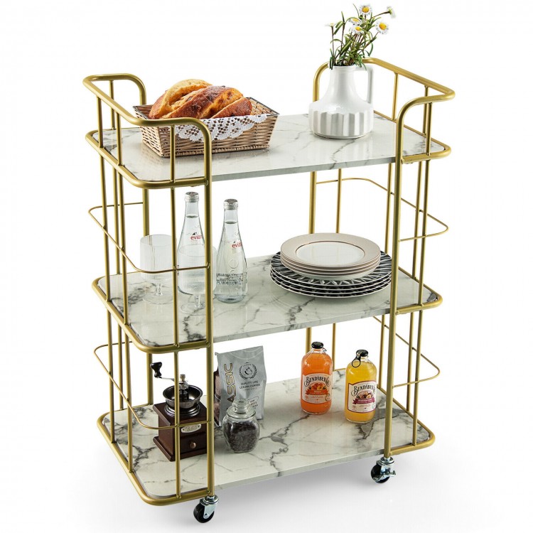 3-Tier Metal Kitchen Storage Serving Cart Trolley with Marble Tabletop and Handles