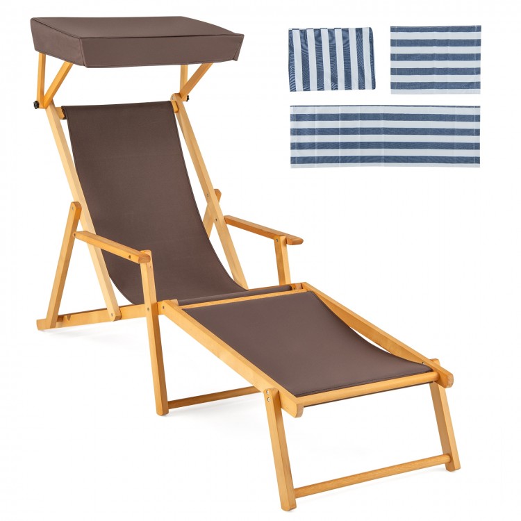 Birch Wood Chaise Lounge Chair Foldable Beach Chair with Adjustable Canopy