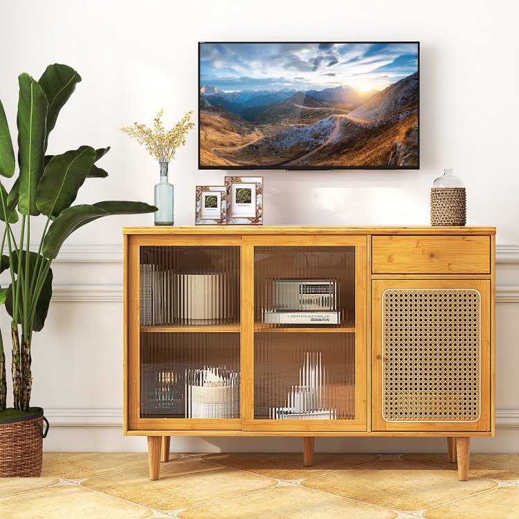 Modern Bamboo Buffet Sideboard Cabinet with Tempered Glass Sliding Doors