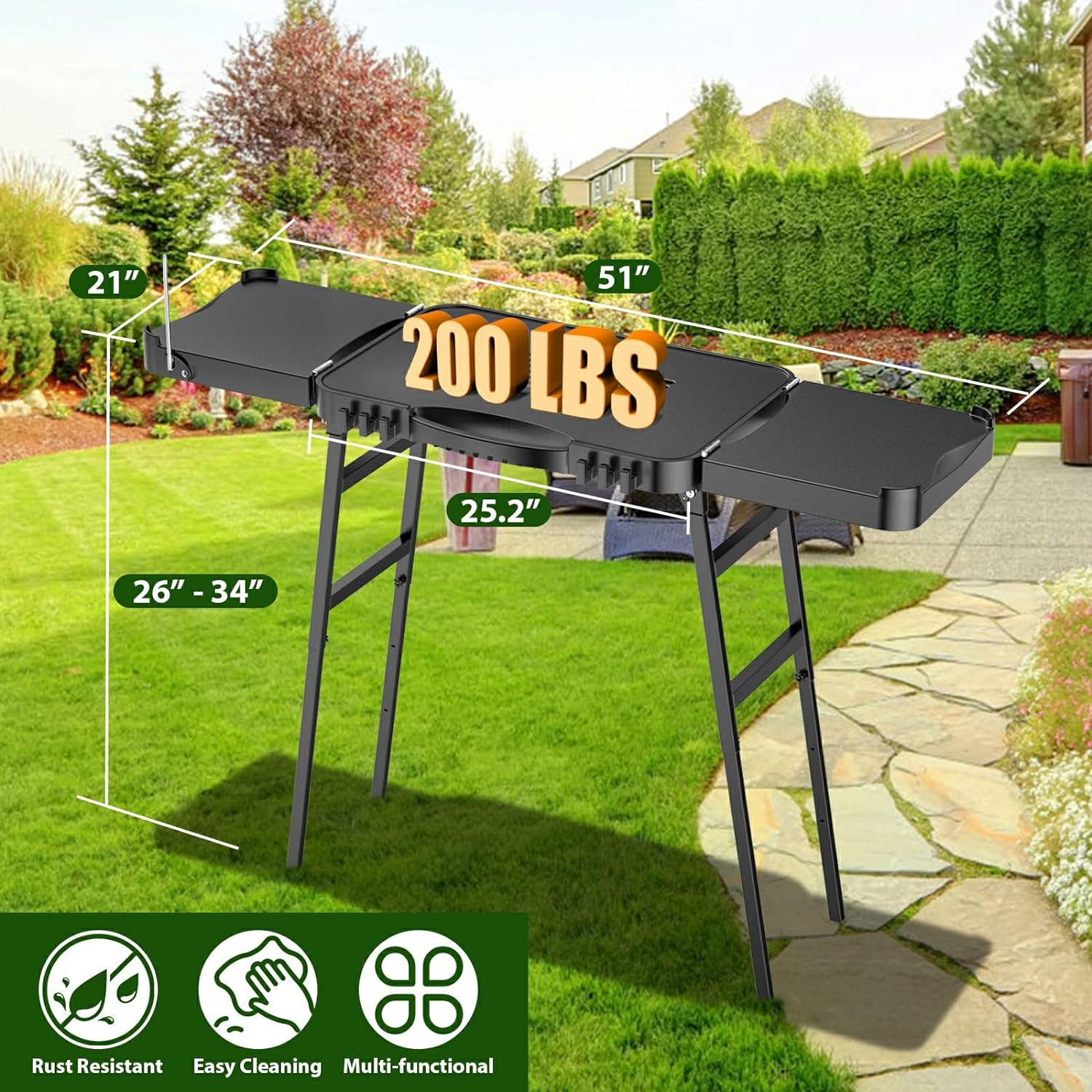 BBQMall Outdoor Grill/Griddle Cart – Portable Folding Stand with Adjustable Legs, 2-Wheel Design, High-Quality Steel Frame, Black