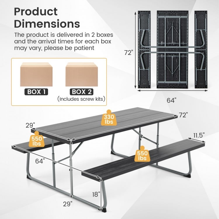 Folding Picnic Table Set with Metal Frame and All-Weather HDPE Tabletop, Umbrella Hole