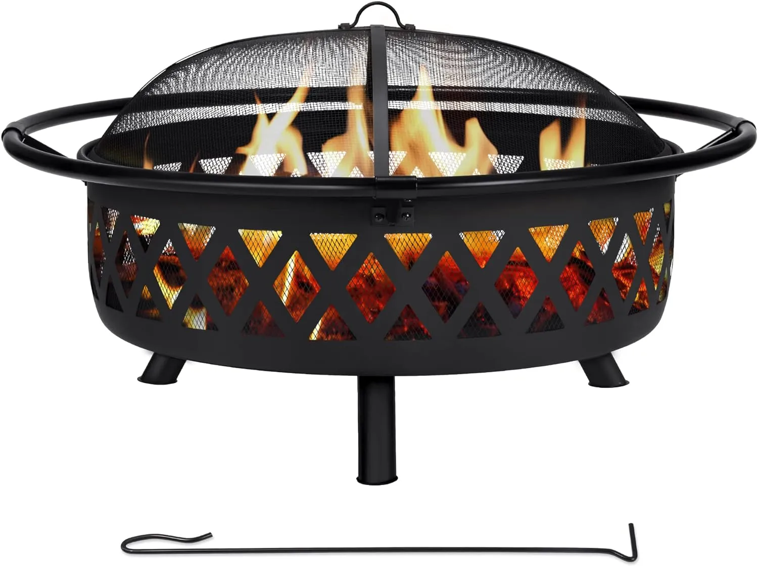 SUNCREAT 42′′ Alloy Steel Outdoor Fire Pit, Wood Burning with Spark Screen & Poker, Black, Round Garden Fireplace
