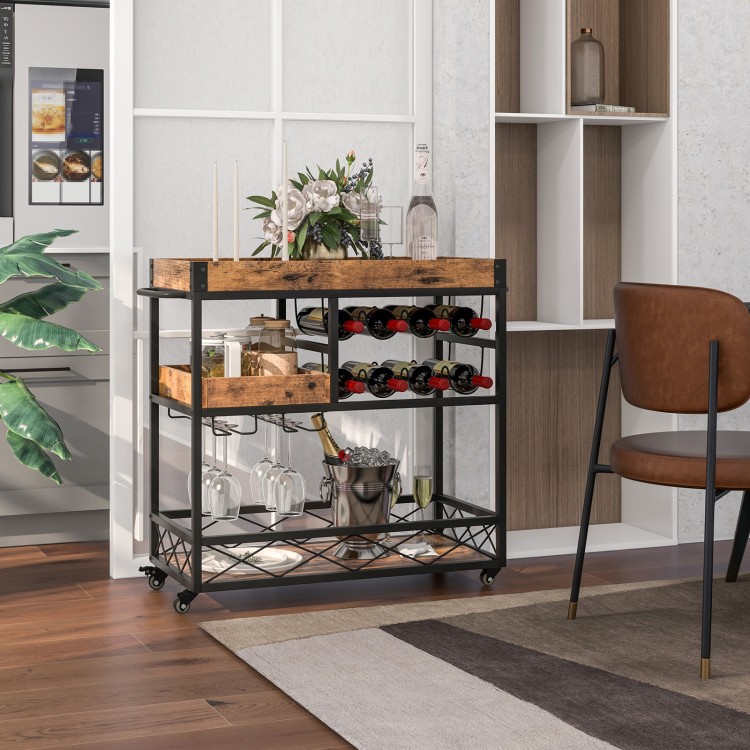 3-Tier Rolling Bar Cart with Removable Tray and Wine Rack