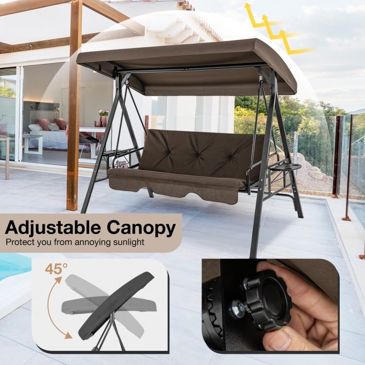 Convertible 3-Seat Patio Porch Swing Chair to Flat Bed with Adjustable Canopy
