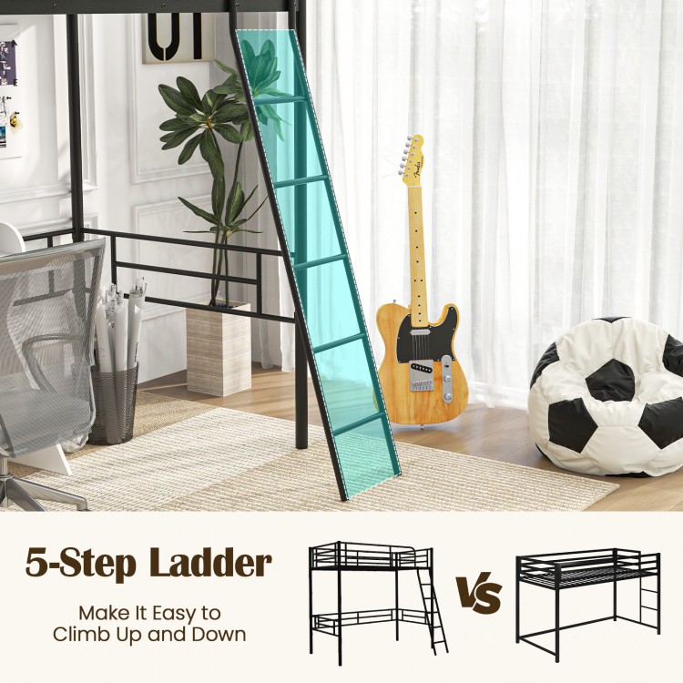 Twin Metal Loft Bed Frame with Ladder and Metal Slats Support