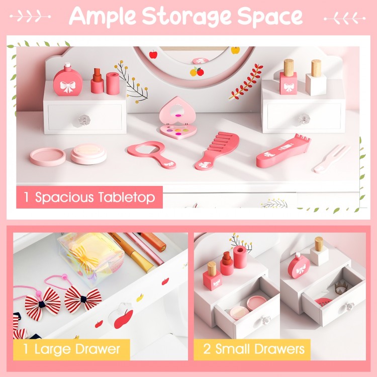 Kids Vanity and Stool Set with 360° Rotatable Mirror and Whiteboard