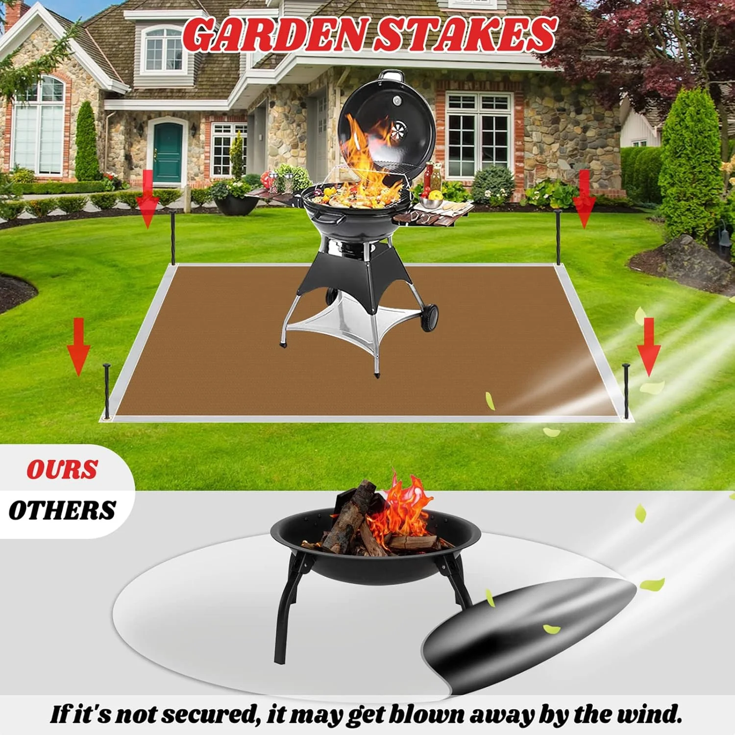 Fireproof Grill Mat by [Brand Name], 70×60 Inch Outdoor Deck Protector, Heat Resistant to 2200°F, Easy to Clean, Includes 4 Garden Studs