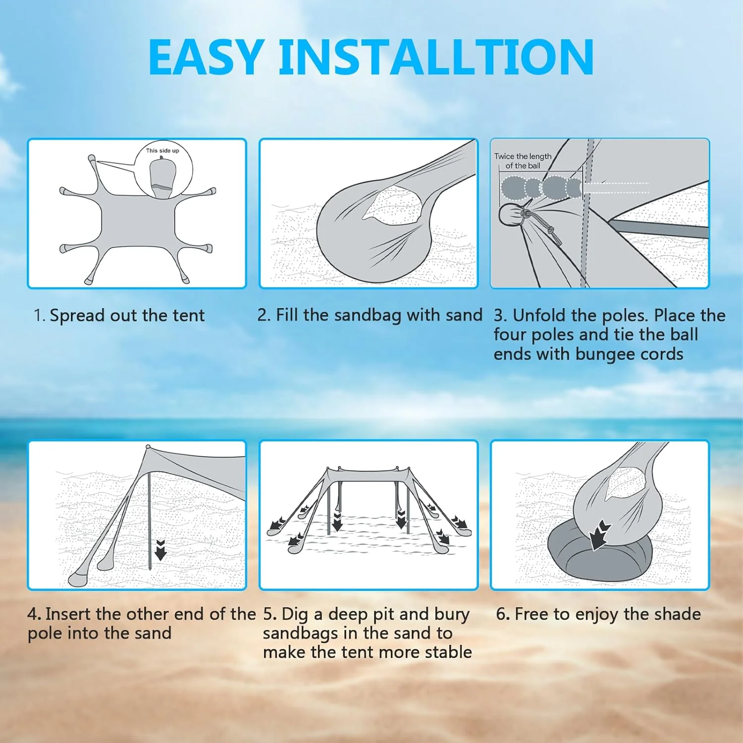 Beach Tent Sun Shelter, 10 x 10 FT Beach Canopy Tent Sun Shade Heavy Duty, UPF50+ Beach Tent Canopy with 8 Sandbags & 4 Stability Poles, Outdoor Beach Shade Canopy for Camping and Fishing, Blue