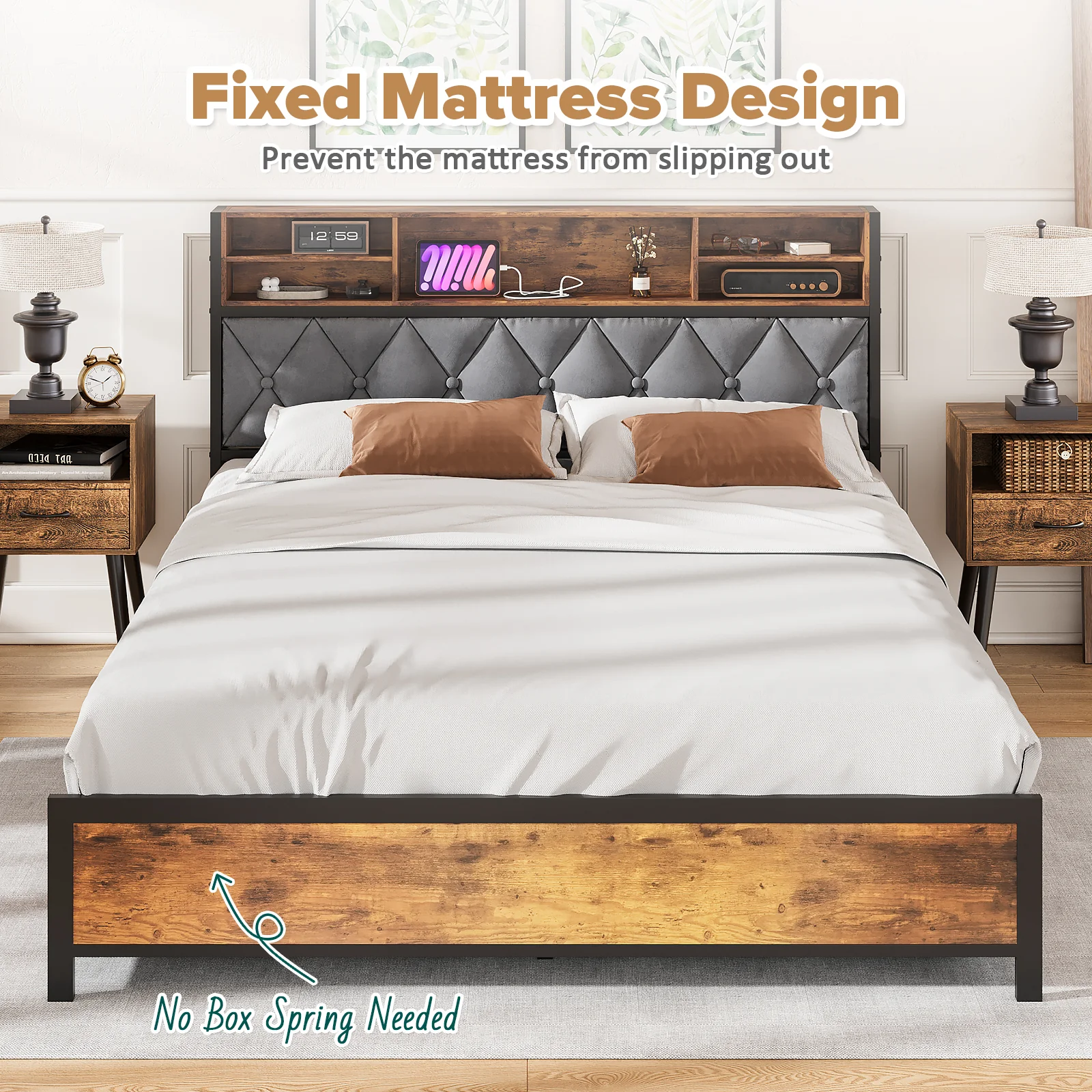 Bed Frame Queen Size with Charging Station