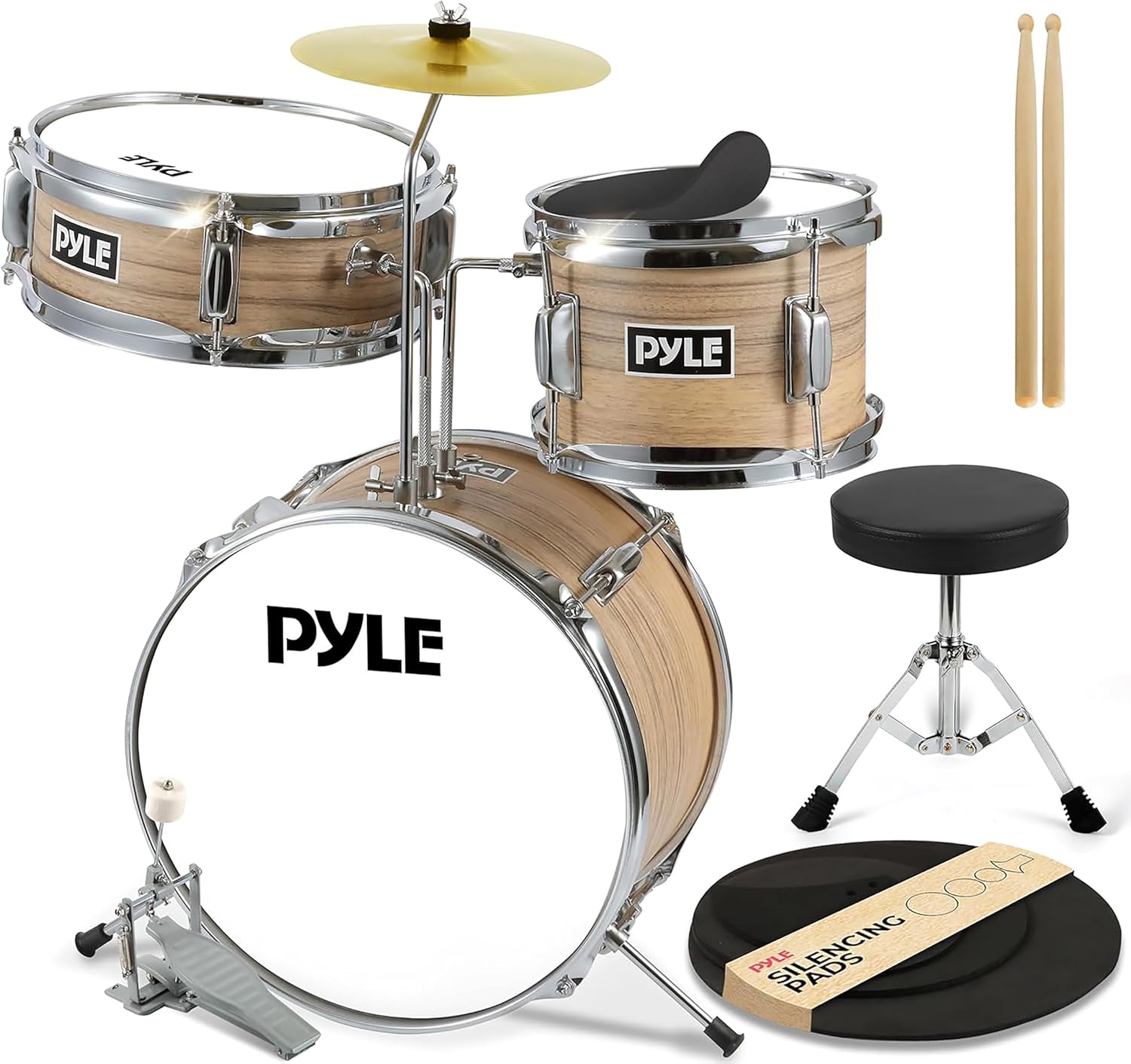 Pyle Schlagzeug Kinder, 3 bis 12 Jahre Kinderschlagzeug, Drum Set Inkl. Bass Drum, Snare Drum, Schlagzeug Dämpfer, Drumsticks, Basspedal & Drumhocker, Kinder Percussion Set für Anfänger, Natural