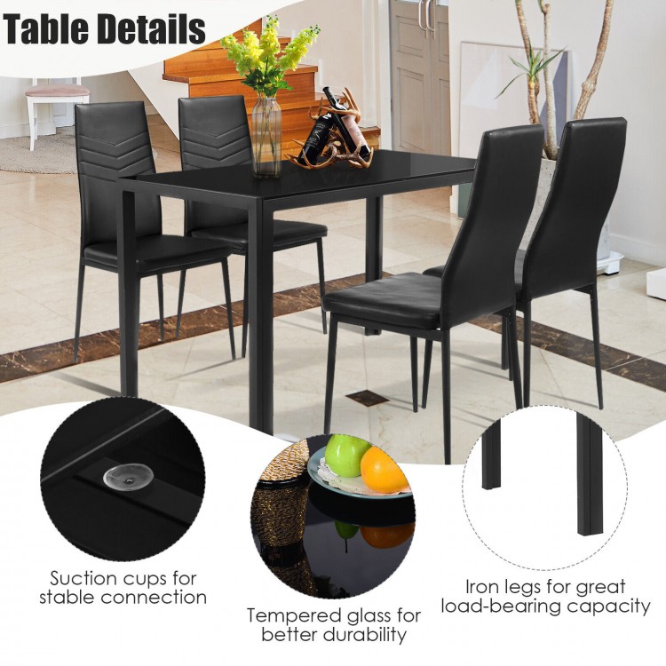 5 Pieces Kitchen Dining Set with Glass Metal Table and 4 Chairs Breakfast Furniture