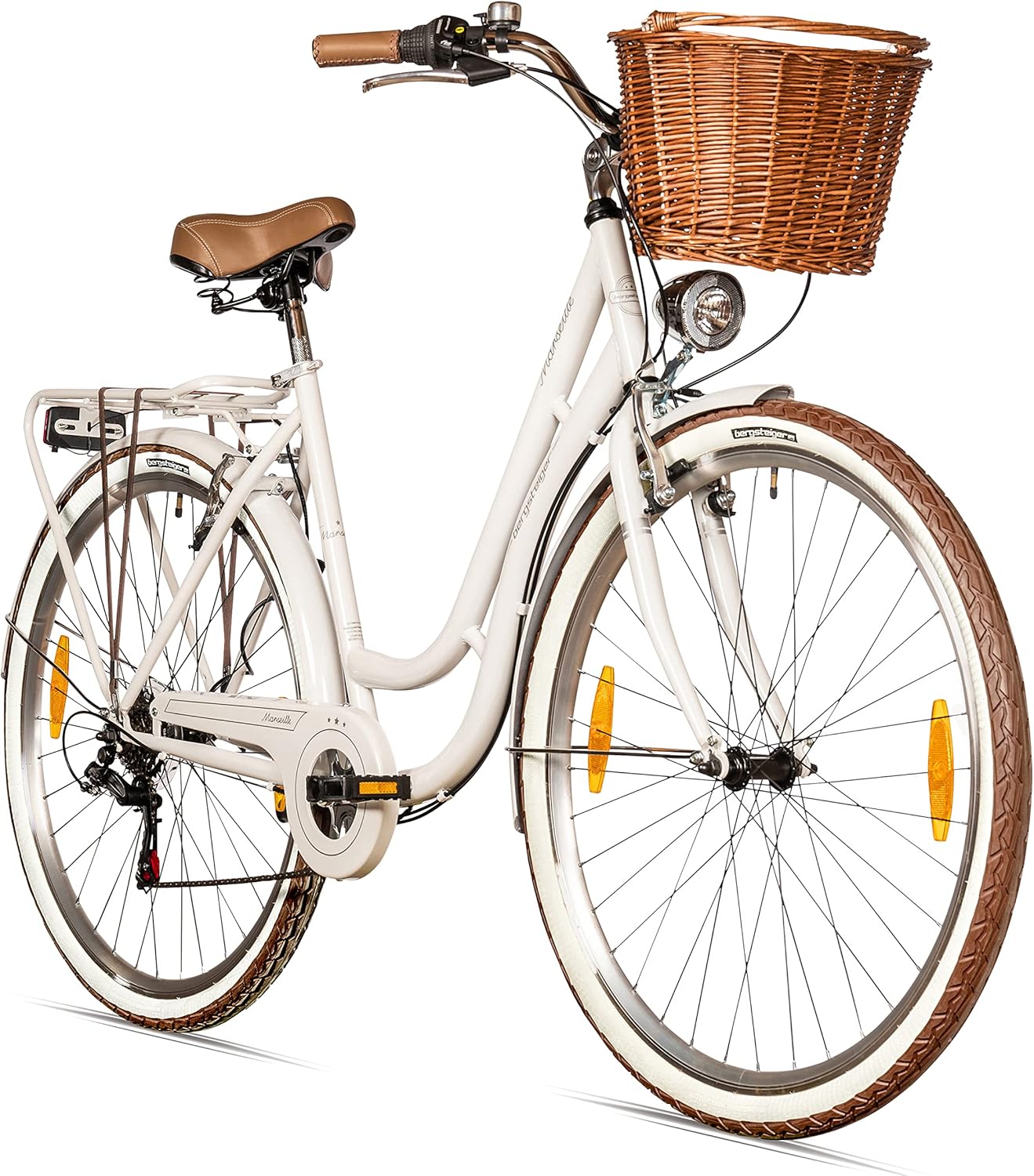 Bergsteiger Marseille 26, 28 tommer kvinders cykel, fra 150 cm, rottingkurv, cykellys, bycykel, damecykel i retro design