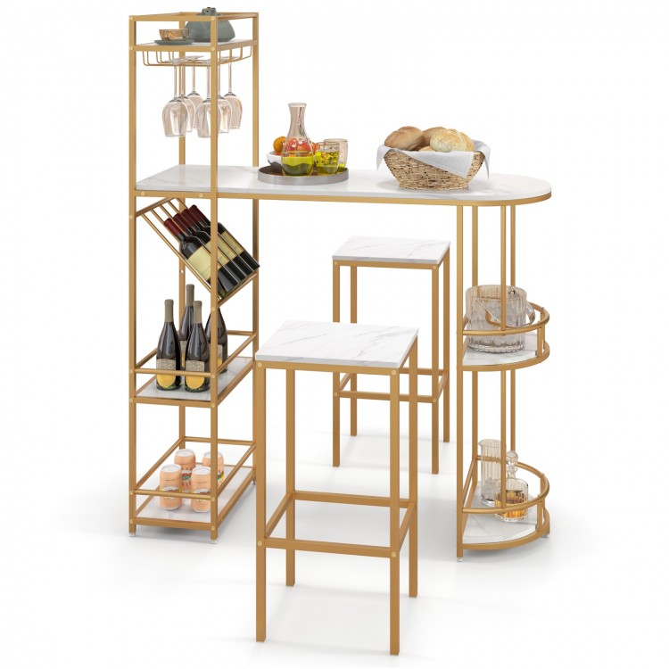3 Pieces Bar Table Set with Storage Shelves and Wine Rack