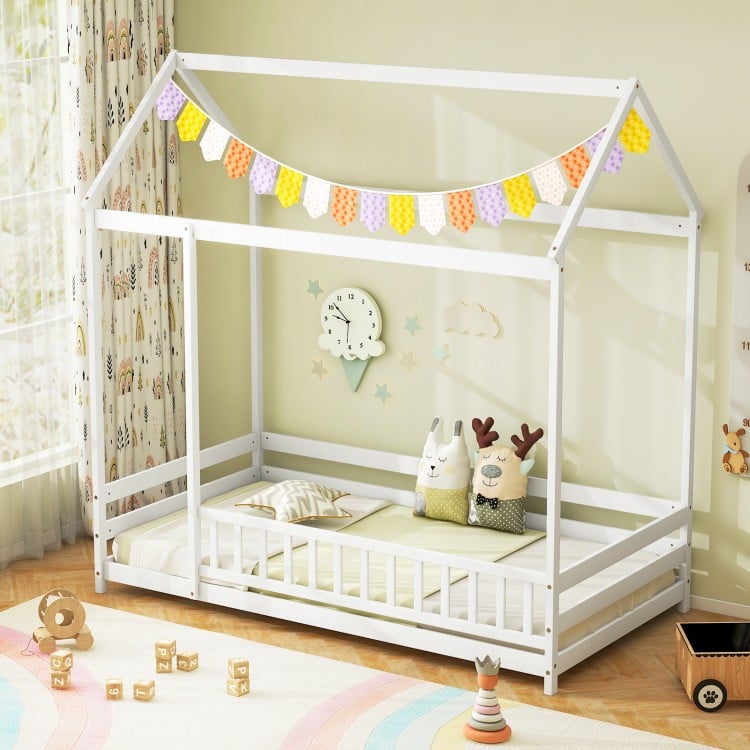 Twin Size Kids House Bed Wooden Floor Bed with Roof and Full-length Safety Guardrail