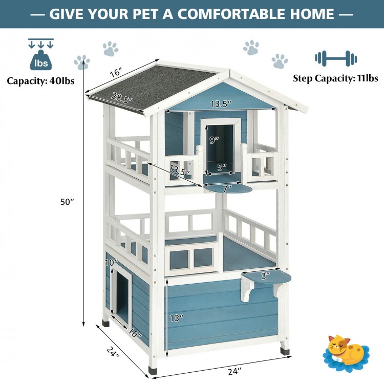 2-Story Outdoor Wooden Catio Cat House Shelter with Enclosure