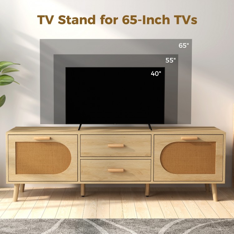 Rattan TV Stand for 65-Inch TV with Drawers and Solid Wood Legs