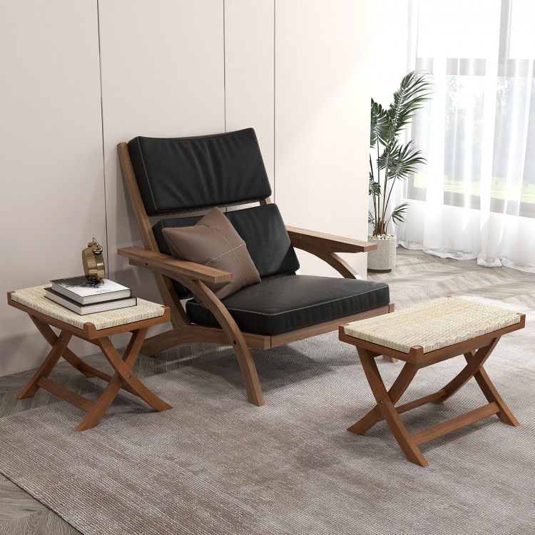 Folding Natural Rattan Ottoman with Hand-woven Seat