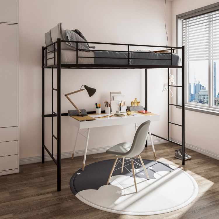 Twin Size Space-saving Metal Loft Bed with Full-Length Guardrail and 2 Ladders
