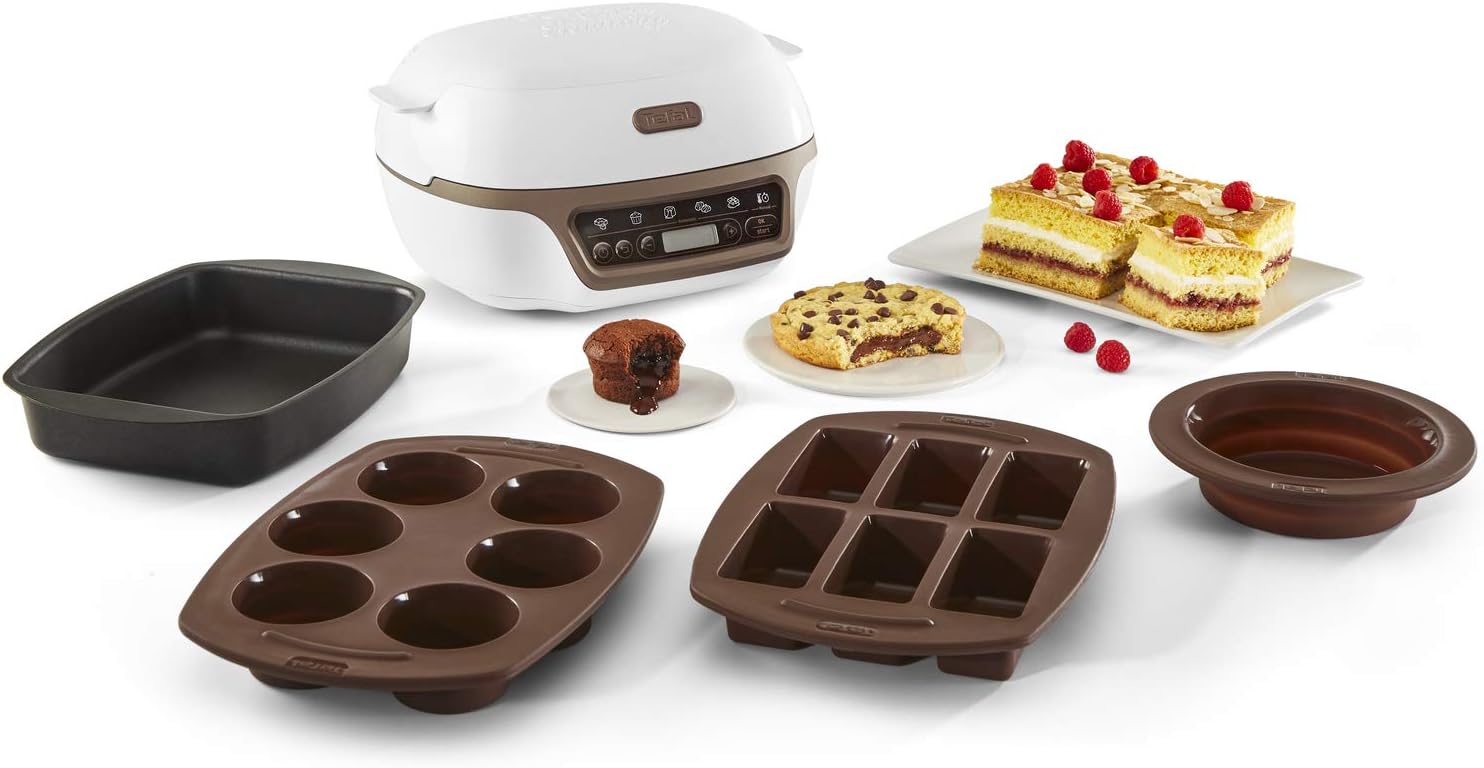 Tefal Kuchenmaschine, 5 automatische Programme zur Einstellung, 1 manueller Modus, 3 flexible Formen, 1 große Backform aus beschichtetem Stahl, kompatibel mit Crispybake, Cake Factory + KD802112