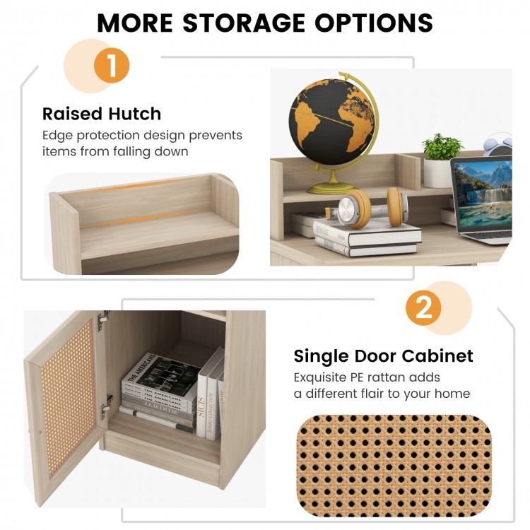 48 Inch Computer Desk with Hutch and PE Rattan Cabinet Shelves